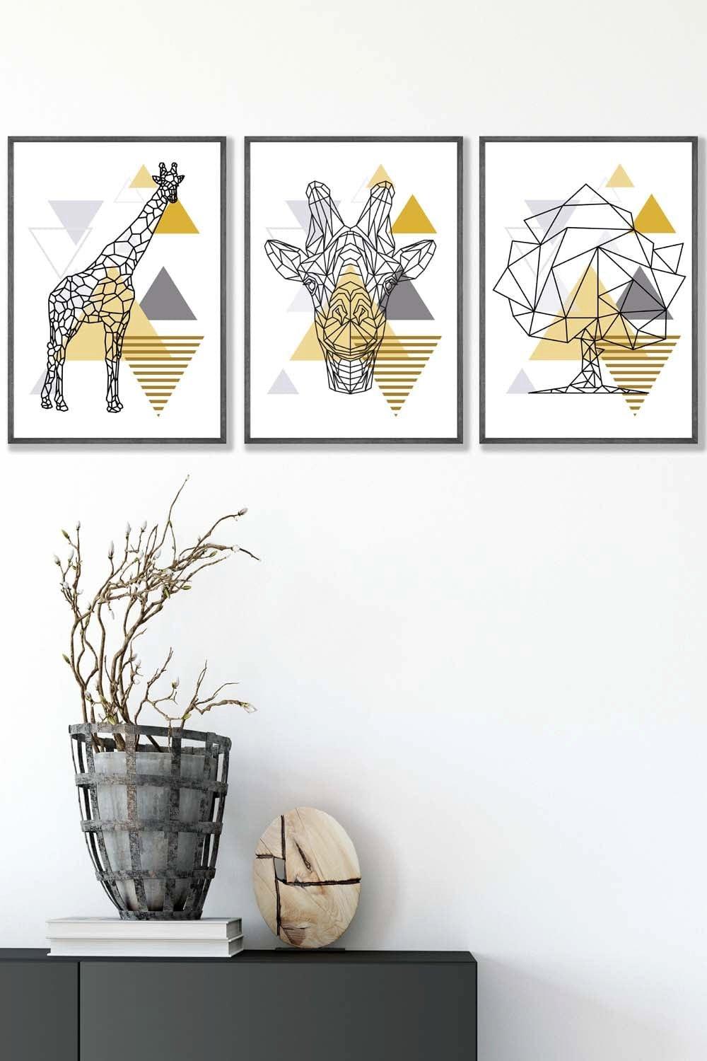 Geometric Line Art Yellow Giraffe Tree Set Framed Wall Art - Medium